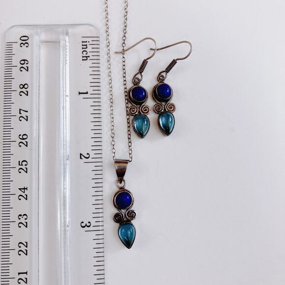 VTG Sterling Silver Pendant Necklace & Earrings Set, Topaz & Glass Stones, Y2K - Picture 9 of 12